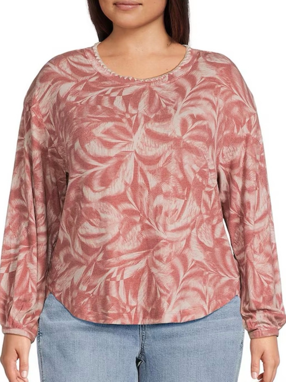 Democracy Plus Size Knit Tie-Dye Embroidered Scoop Neck Long Sleeve Top in Pink